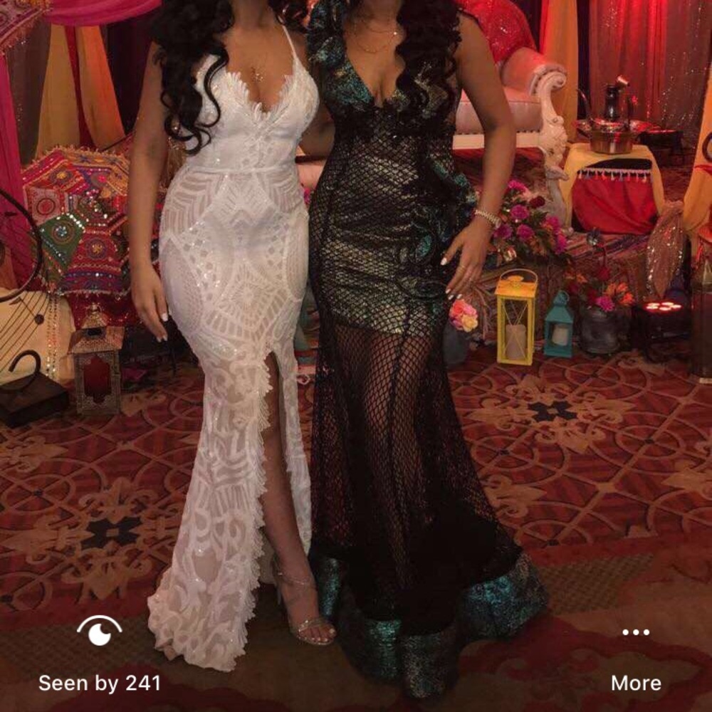 Teal dress and white dress